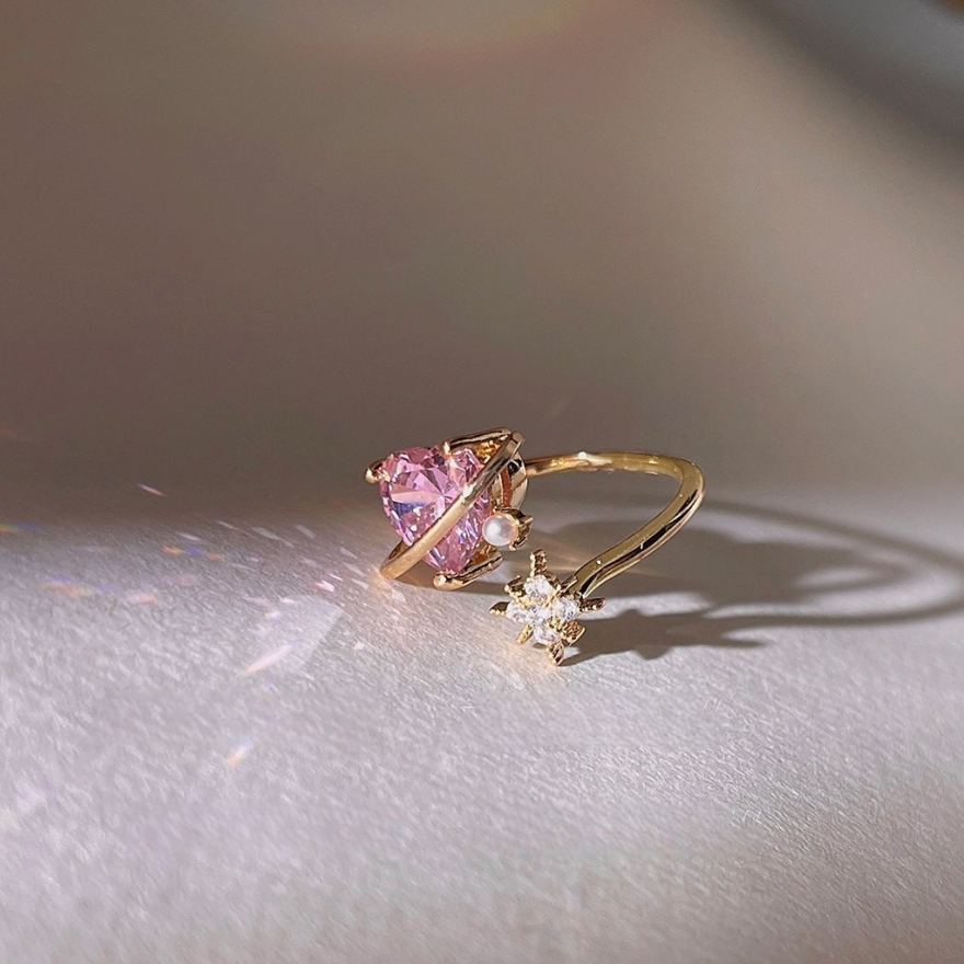 Planet‑Style Heart Pink Diamond Star Open Ring, Two‑Tone Options