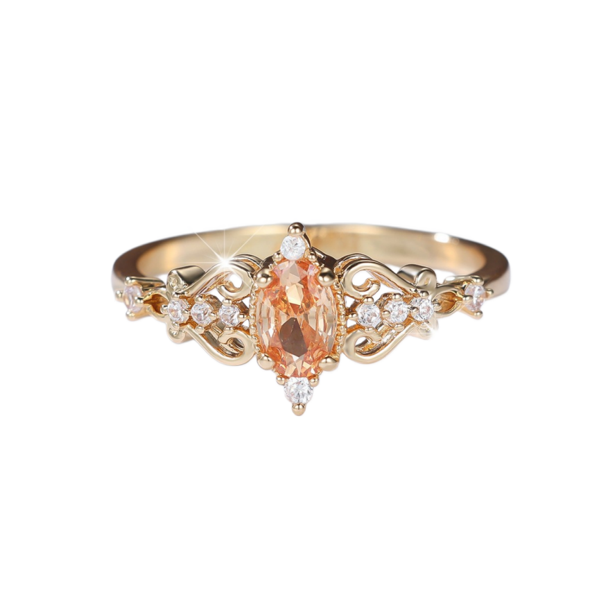 Vintage Vine Hollow Oval Champagne Diamond Ring, Luxury Court Style Gold Plated Delicate Thin Band for Women