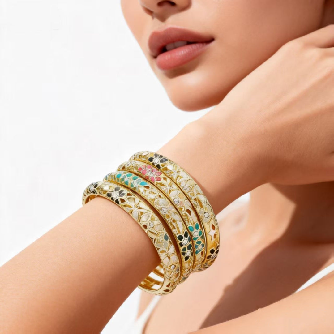 Hollow‑Out Enamel Floral Inlaid Diamond Spring‑Opening Bangle, Multi‑Color Options