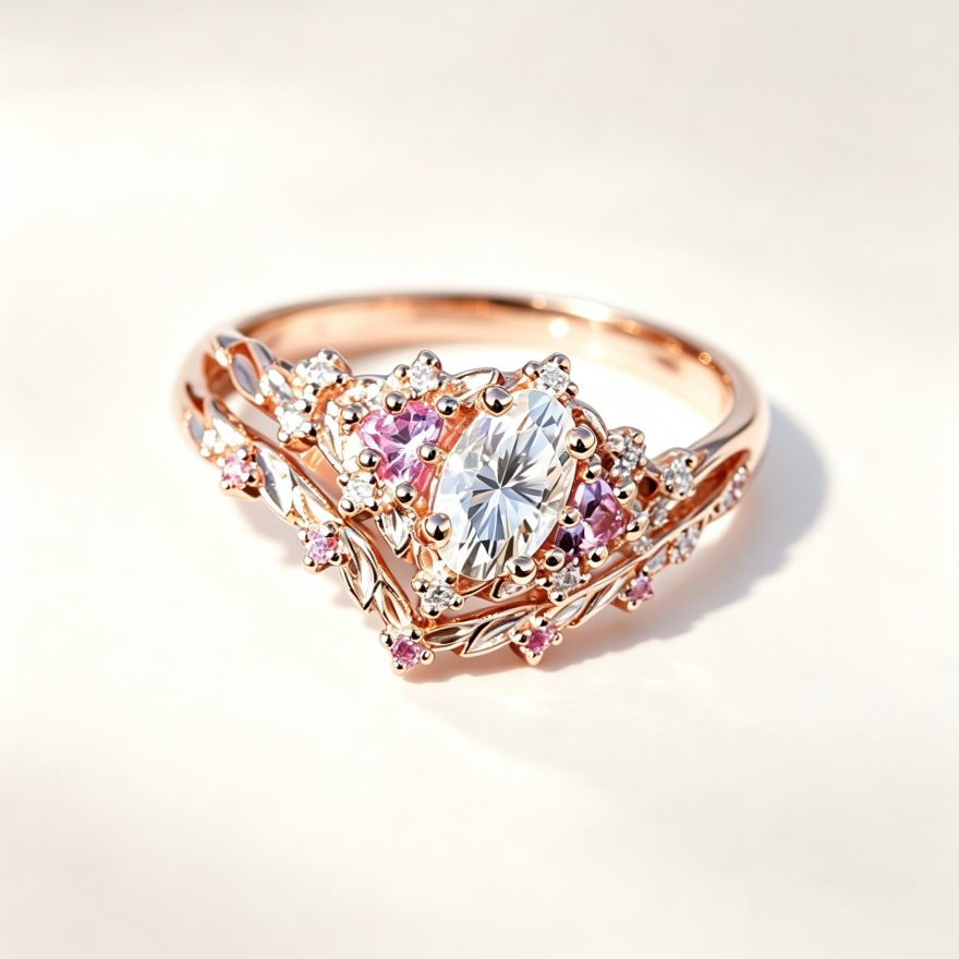 Rose‑Gold‑Tone Oval‑Center Stone Floral‑Leaf Multi‑Stone Ring Set