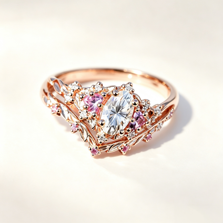 Rose‑Gold‑Tone Oval‑Center Stone Floral‑Leaf Multi‑Stone Ring Set