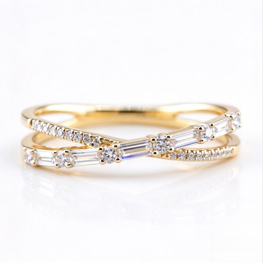 Twisted Baguette Diamond Thin Ring, Minimalist Stackable Paved Band, Gold Silver Black Three Tones Available