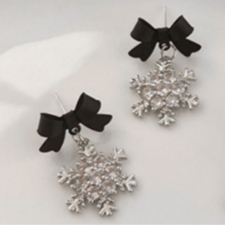 S925 Silver Bow Snowflake Diamond Drop Earrings