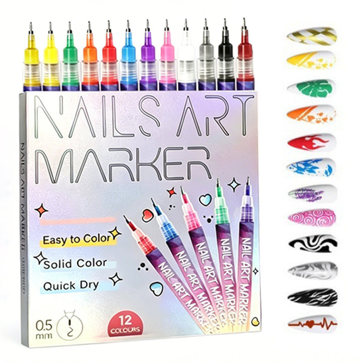 12 Colors Nail Art Marker Pen Set, Quick Dry Free Outline Nail Drawing & Graffiti Pens