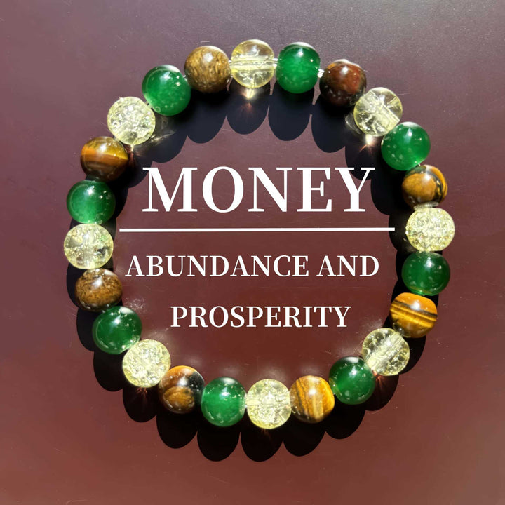 Wealth Triple Natural Crystal Bracelet, Tiger Eye Jade Rutilated Quartz Prosperity Bead
