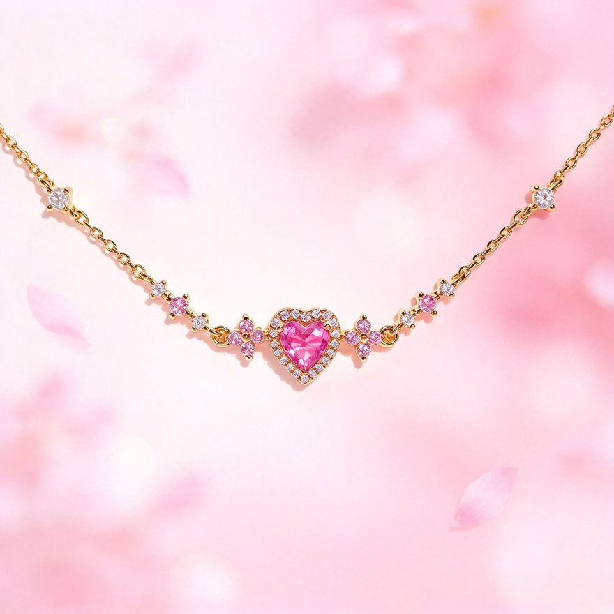 S925 Silver Pink Heart Diamond Choker, Sweet Floral Pink Diamond Necklace for Women, Gold & Silver Two Tones