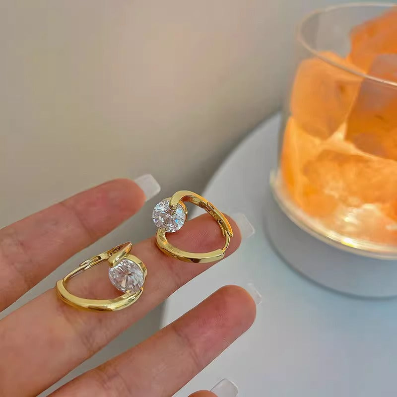 Rotatable Round Diamond Hoop Earrings, Minimalist Circle Single Diamond Earrings, Gold & Silver Two Tones Available