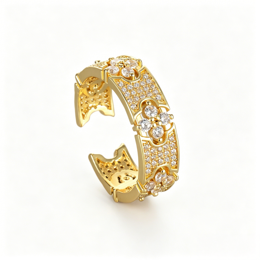 Vintage Paved Diamond Spliced Open Wide Ring, Gold & Silver Luxury Carved Adjustable Band for Women