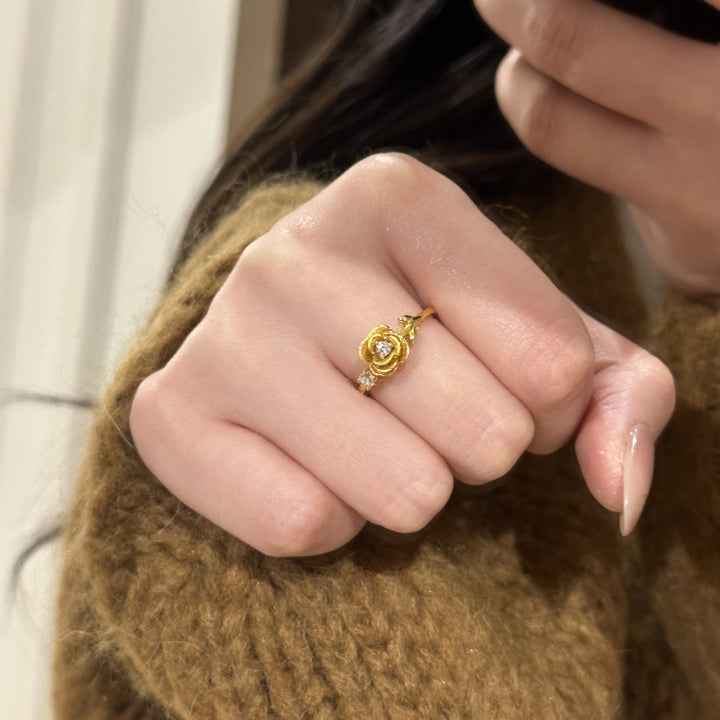 Vintage Rose Diamond Gold Tone Ring (French Romantic Statement Band)
