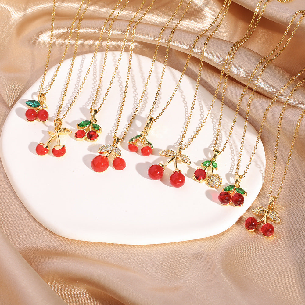 Sweet Cherry Pendant Necklace Collection (Gold Tone Delicate Chokers)