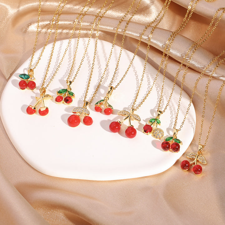 Sweet Cherry Pendant Necklace Collection (Gold Tone Delicate Chokers)