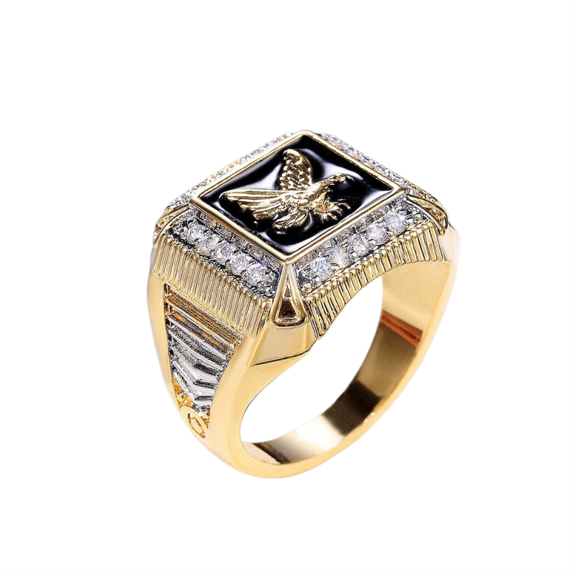 Black Enamel Eagle Embossed Square Men Signet Ring, Luxury Paved Diamond Wide Vintage Business Statement Band