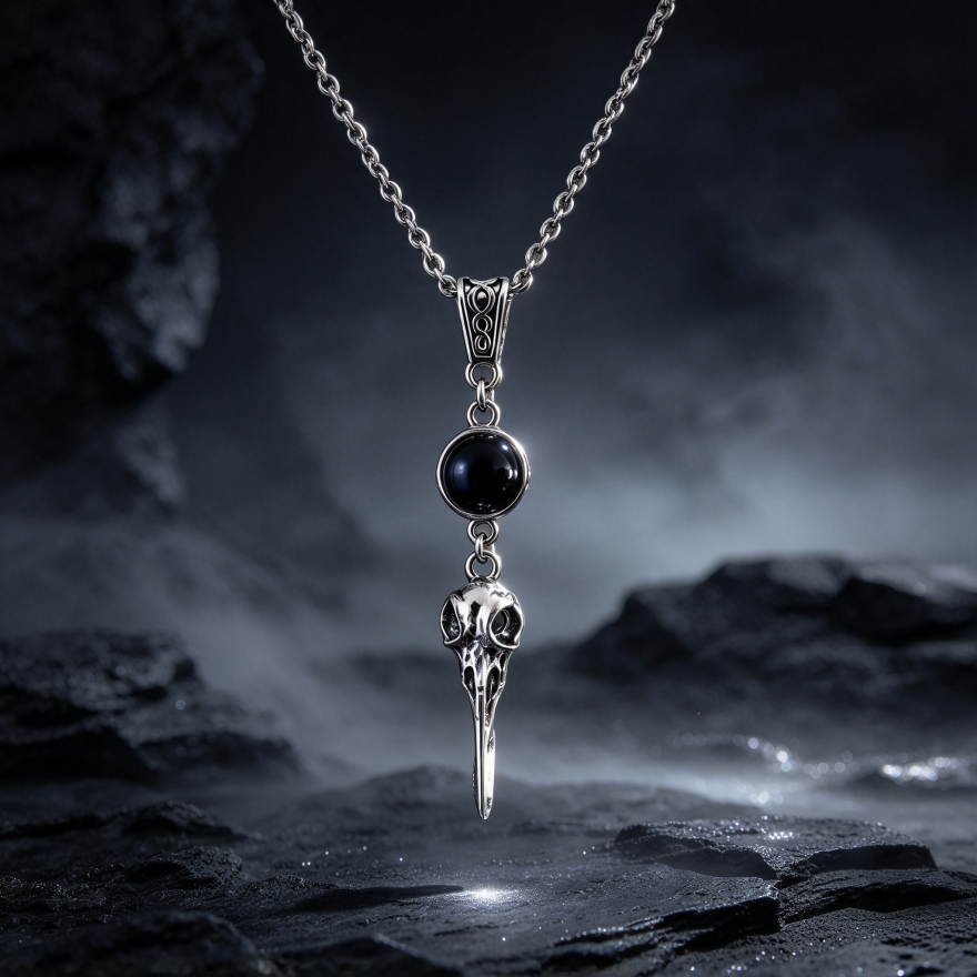 Raven Skull Black Onyx S925 Silver Necklace, Vintage Antiqued Gothic Crown Bird Head Pendant, Unique Necklace For Men