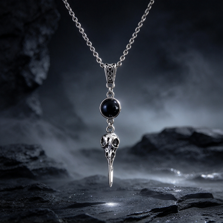 Raven Skull Black Onyx S925 Silver Necklace, Vintage Antiqued Gothic Crown Bird Head Pendant, Unique Necklace For Men