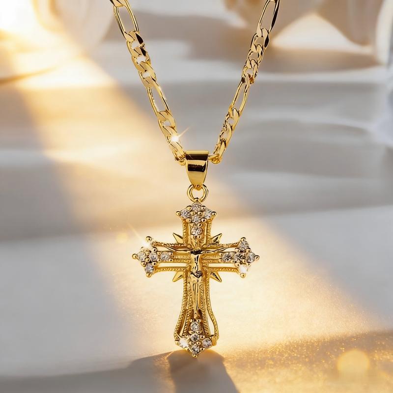Pavé Jesus Cross Figaro Chain Necklace (Luxury Vintage Religious Choker)