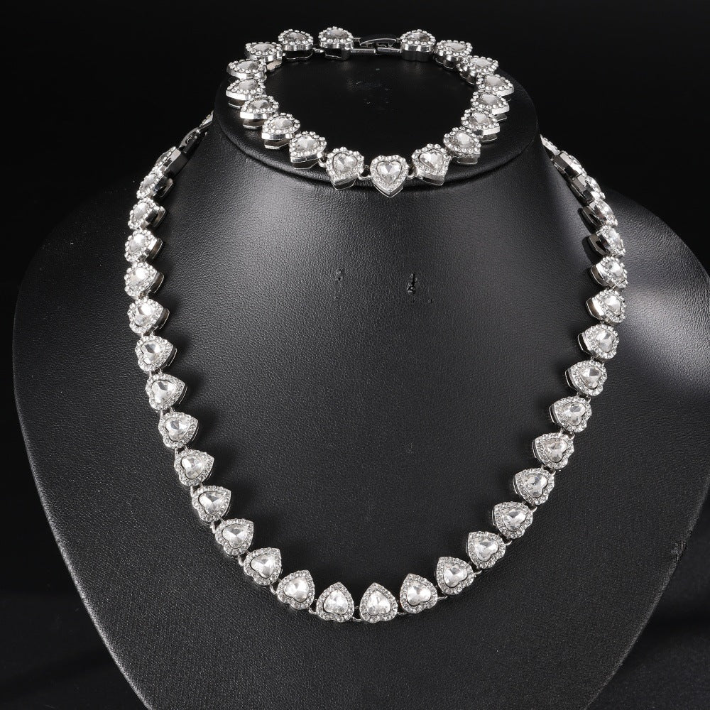 Full Paved Heart Chain Bracelet & Necklace Set, Sweet Style Dual-tone Heart Halo Diamond Matching Jewelry for Women & Couples
