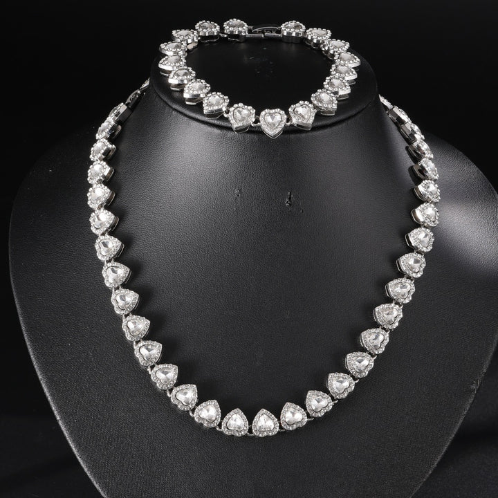 Full Paved Heart Chain Bracelet & Necklace Set, Sweet Style Dual-tone Heart Halo Diamond Matching Jewelry for Women & Couples