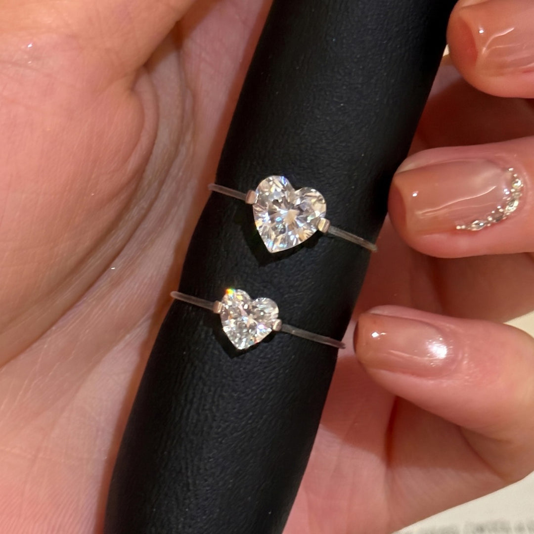 Minimalist Heart Solitaire Thin Band Ring, Slim Ring with Large & Small Heart Diamond Two Sizes