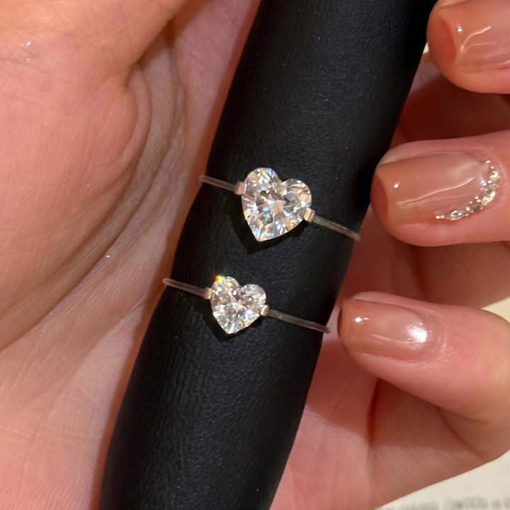 Minimalist Heart Solitaire Thin Band Ring, Slim Ring with Large & Small Heart Diamond Two Sizes