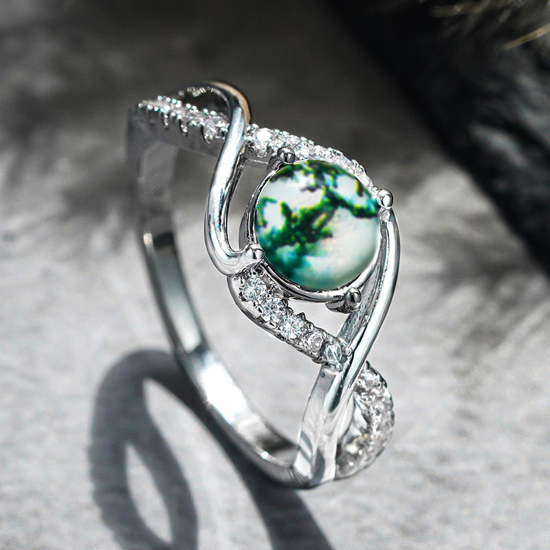 Twisted Shank Moss Agate Ring, Forest Style Paved Diamond Silver Delicate Band for Women