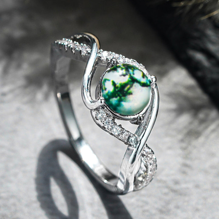 Twisted Shank Moss Agate Ring, Forest Style Paved Diamond Silver Delicate Band for Women