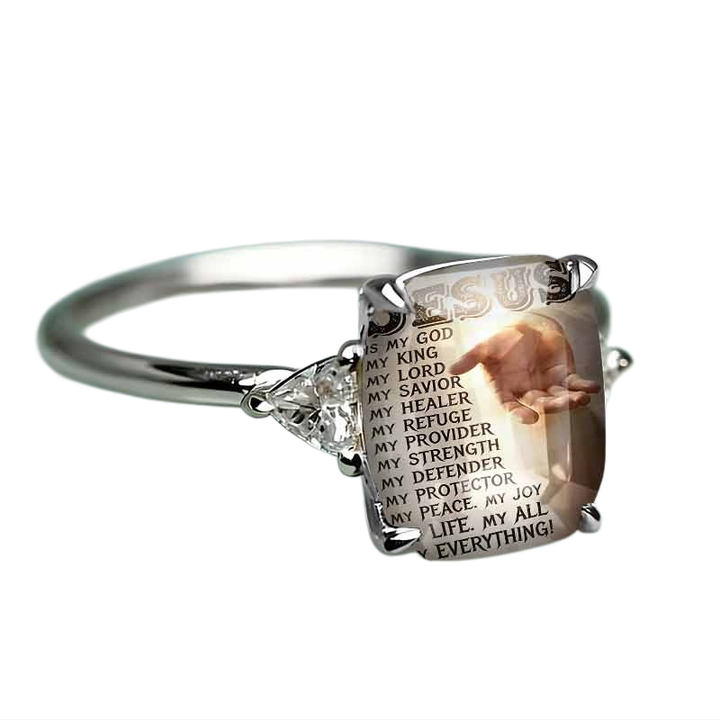 S925 Silver Faith‑Themed Printed Square Stone Ring, Two‑Tone Option Heart‑Accent Religious Ring for Women