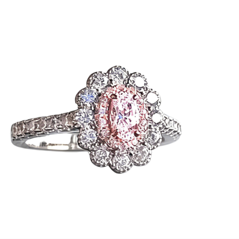 Oval Colored Gem Double Sunflower Halo Ring, Pink & Yellow Luxury Pave Engagement Band