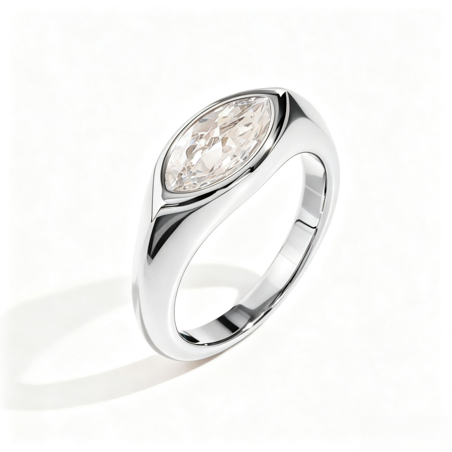 Marquise‑Cut Colored Gemstone Bezel‑Set Wide‑Band Gold‑Plated S925 Sterling Silver Ring, Multi‑Colors Available