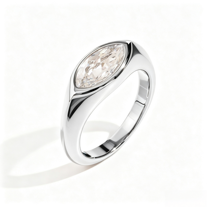 Marquise‑Cut Colored Gemstone Bezel‑Set Wide‑Band Gold‑Plated S925 Sterling Silver Ring, Multi‑Colors Available