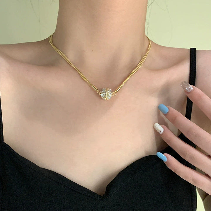 S925 Silver Multi-strand Snake Chain Diamond Ball Necklace, Luxury Multi-line Rhinestone Round Pendant Gold & Silver Tone Clavicle Chain