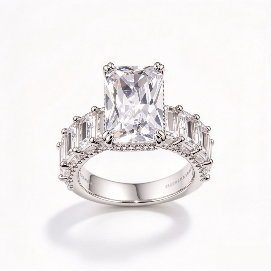 Emerald Cut Center Stone 4 Prong Ring, Luxury Side Baguette Diamond Engagement S925 Silver Ring