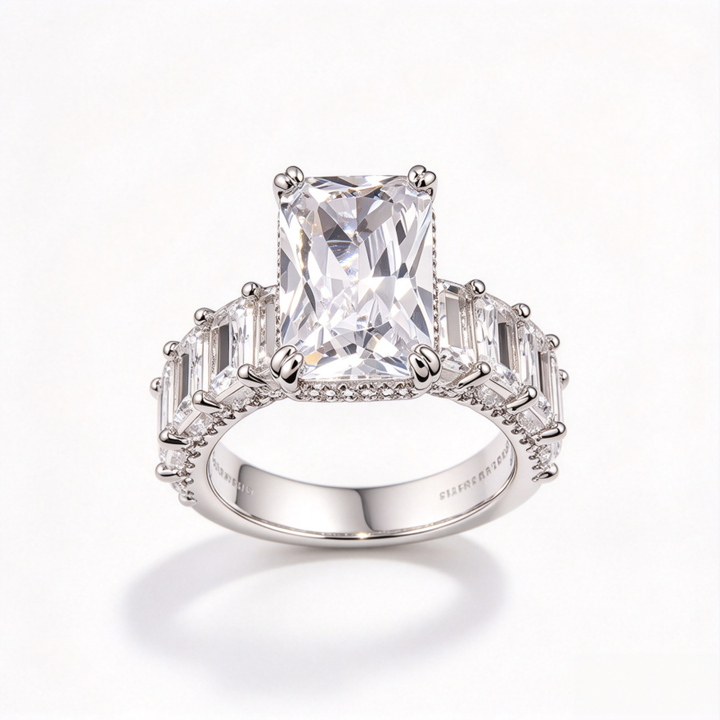 Emerald Cut Center Stone 4 Prong Ring, Luxury Side Baguette Diamond Engagement S925 Silver Ring