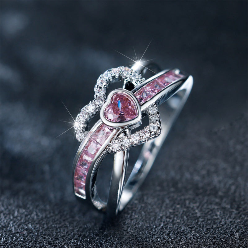 Sweet Pink Heart Intertwined Ring (Girly Paved Statement Band)