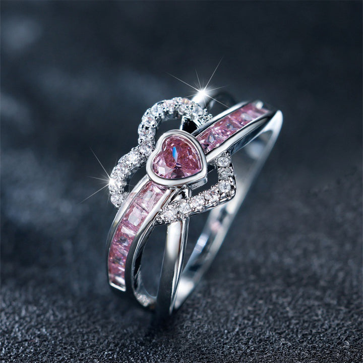 Sweet Pink Heart Intertwined Ring (Girly Paved Statement Band)