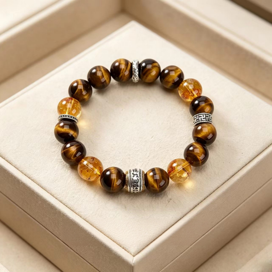 Tiger's Eye & Citrine Beaded Bracelet for Men, Vintage Silver Charm Round Bead Bracelet