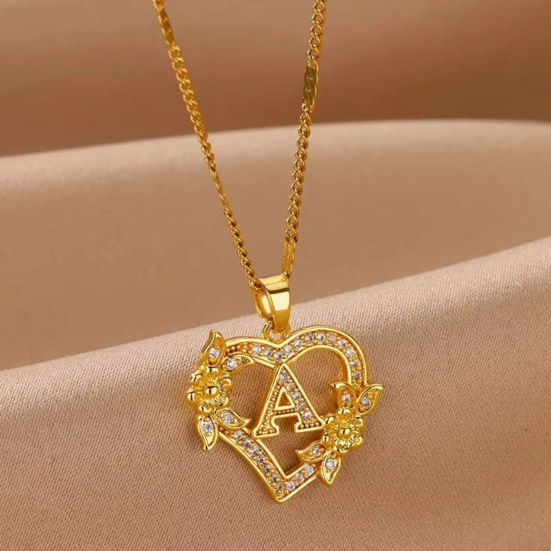 Vintage Flower Heart Pave Crystal Letter Necklace, 316L Stainless Steel 14K Gold Plated Luxury A-Z Initial Pendant Clavicle Chain Niche Jewelry