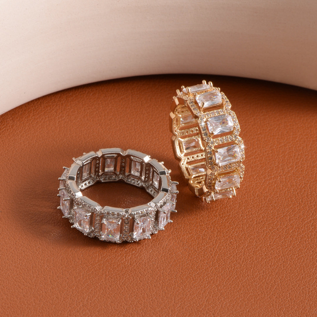 Baguette‑Cut Halo Eternity Band Ring, Two‑Tone Options