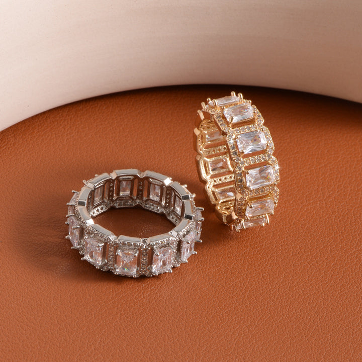 Baguette‑Cut Halo Eternity Band Ring, Two‑Tone Options