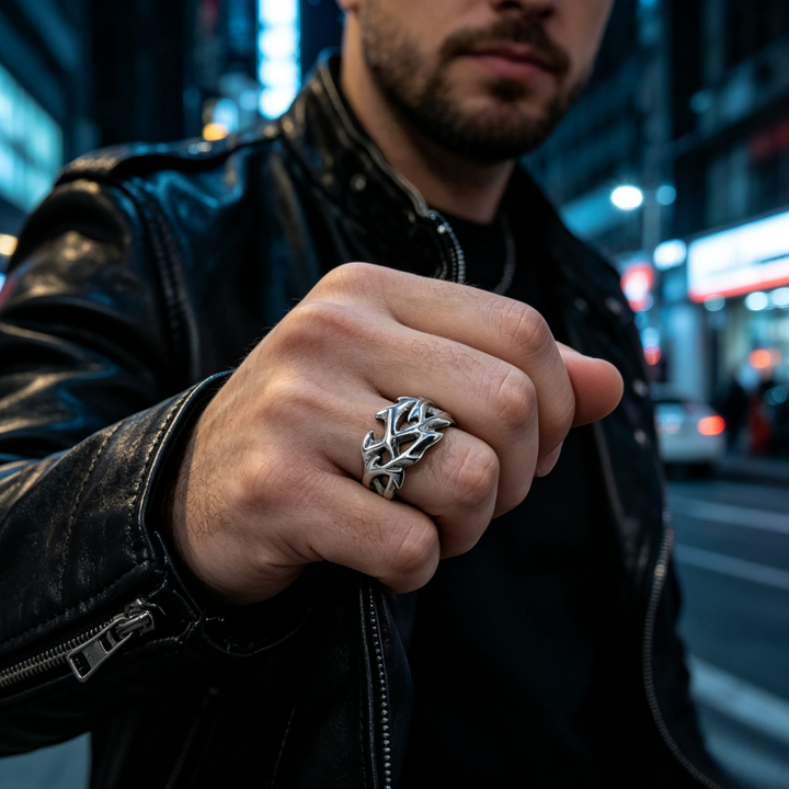 Thorn Hollow Men Ring, S925 Silver Antiqued Vintage Vines Dark Style Statement Band