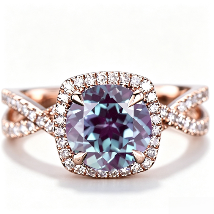 Color Changing Alexandrite Cushion Halo Ring, Twist Shank Paved Engagement Ring Two Tones Available