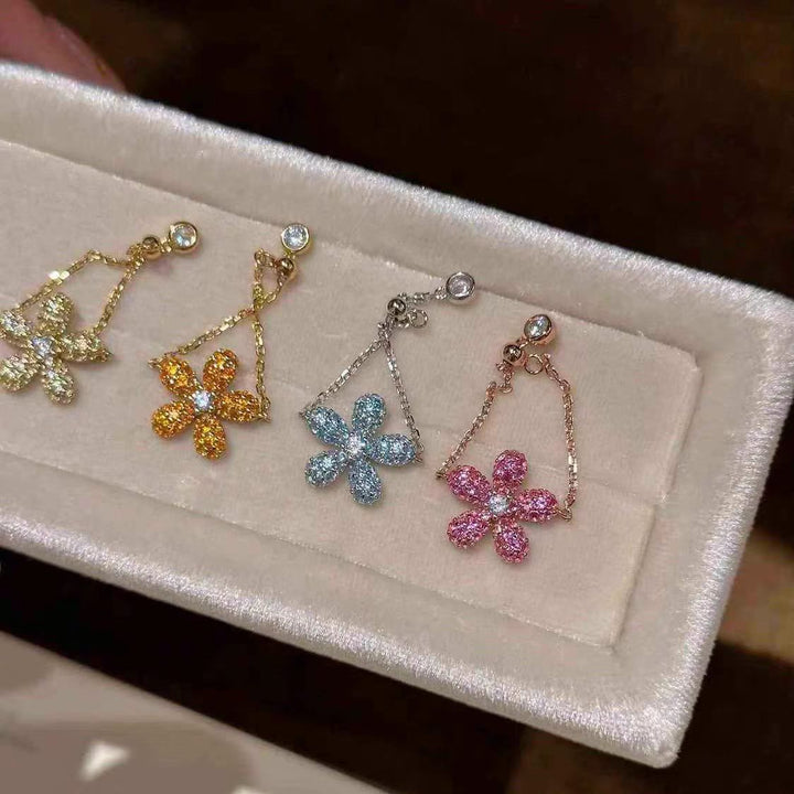 S925 Silver Colorful Pave‑Set Flower Chain Ring, Multi‑Color Adjustable Five‑Petal Soft Band Ring for Women