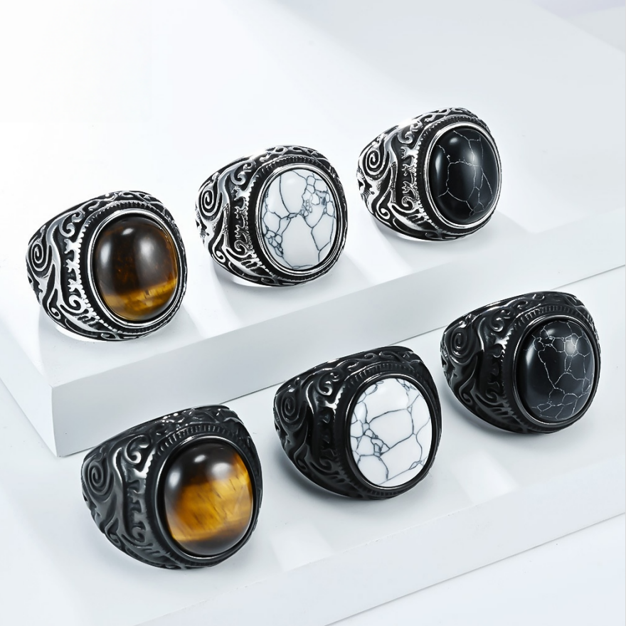 Vintage Scroll Pattern Oval Gemstone Signet Ring, S925 Silver Silver & Matte Black Two Tone Men Wide Band with Tiger Eye, Howlite, Crack Stone