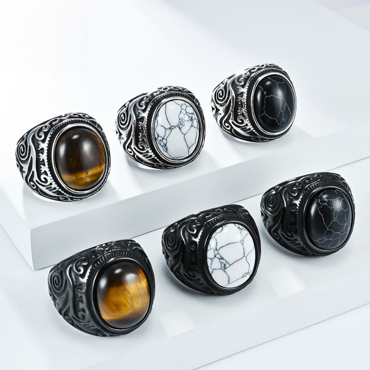 Vintage Scroll Pattern Oval Gemstone Signet Ring, S925 Silver Silver & Matte Black Two Tone Men Wide Band with Tiger Eye, Howlite, Crack Stone