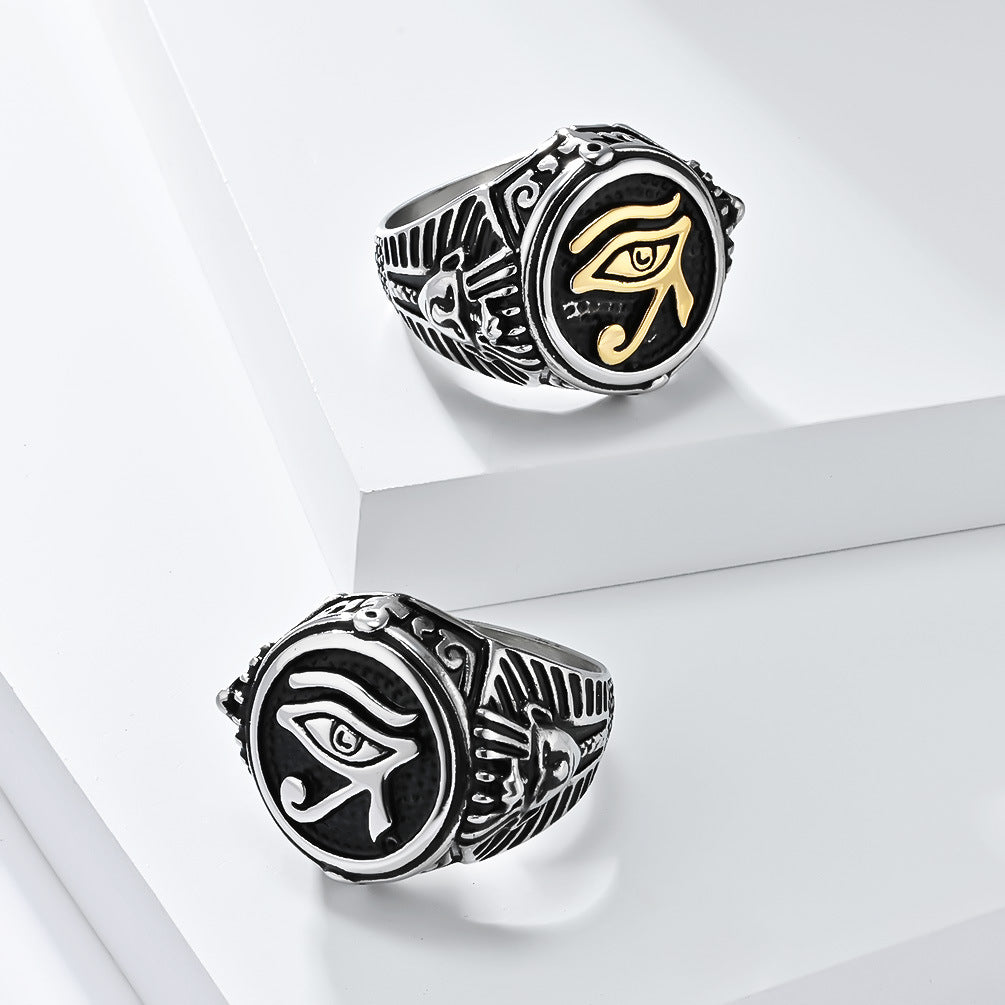 Ancient Egyptian Eye of Horus Embossed Signet Ring, S925 Silver Two-Tone Antiqued Mystic Vintage Band For Men
