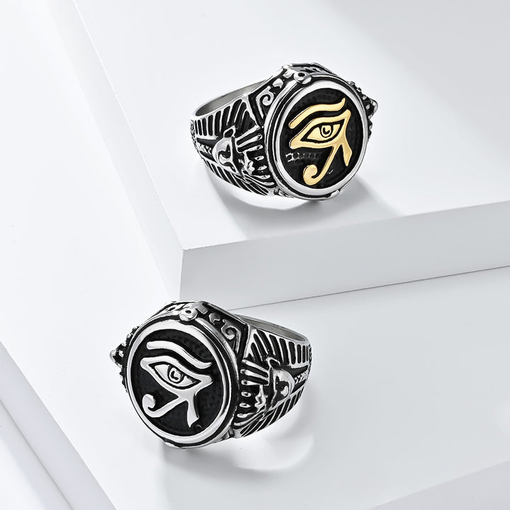 Ancient Egyptian Eye of Horus Embossed Signet Ring, S925 Silver Two-Tone Antiqued Mystic Vintage Band For Men