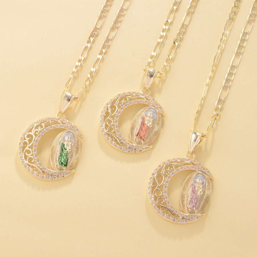 Gold Figaro Chain Necklace With Crescent‑Shaped Saint Enamel Pendant, Multi‑Color Option