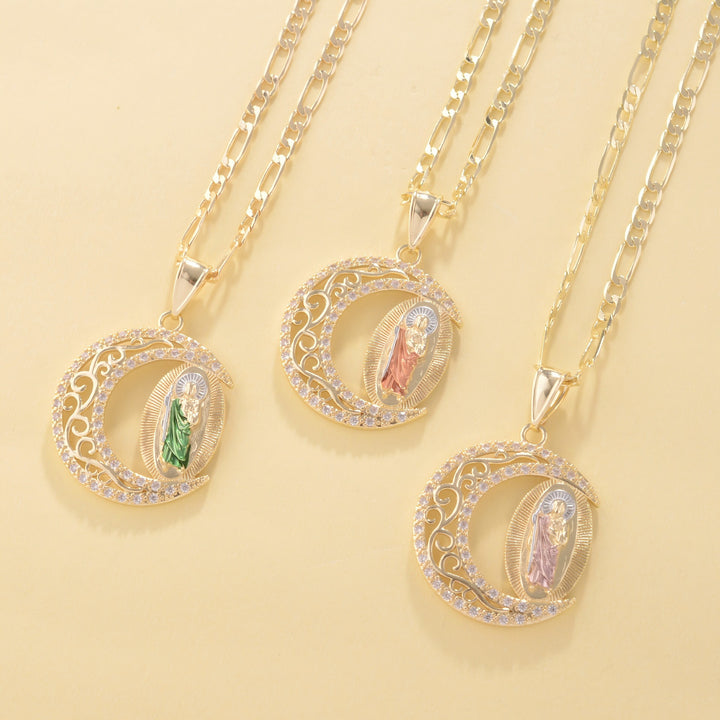 Gold Figaro Chain Necklace With Crescent‑Shaped Saint Enamel Pendant, Multi‑Color Option
