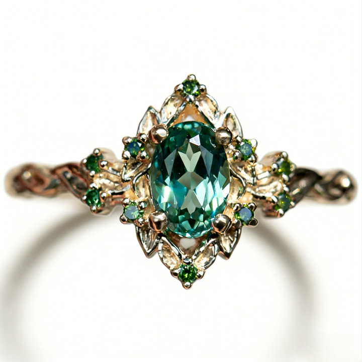 Vintage Forest-Style Oval Green Gem Ring (Two-Tone Gold Engagement Band)