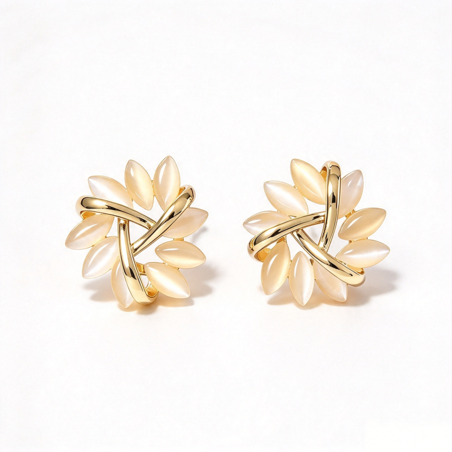 Gold Interwoven Cat's Eye Stone Flower S925 Silver Stud Earrings