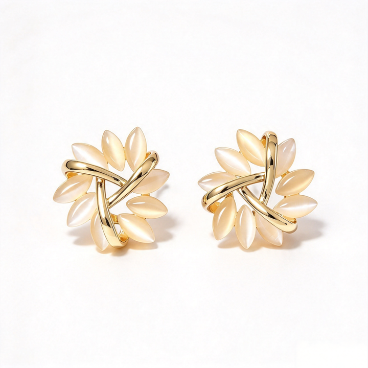 Gold Interwoven Cat's Eye Stone Flower S925 Silver Stud Earrings